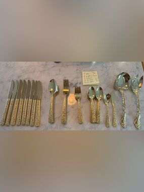 Cellini Romanesque 52 piece GOLD flatware set ROSE pattern For 8 + extra Srv Pcs